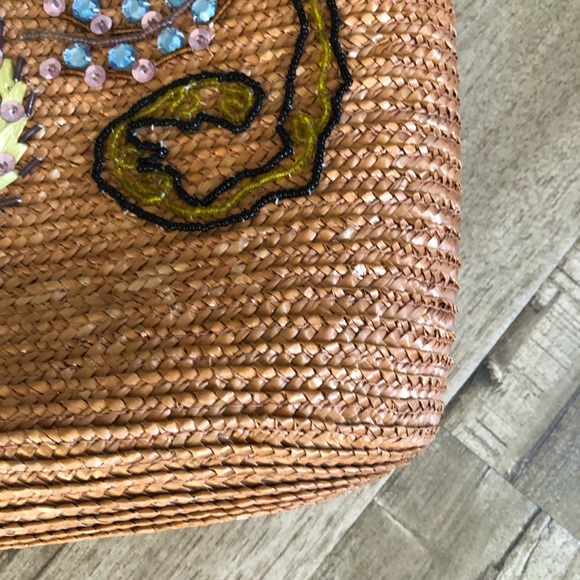 Vintage Look Straw Floral Beaded Sequin Bamboo Handle Purse Bag - Picture 3 of 12